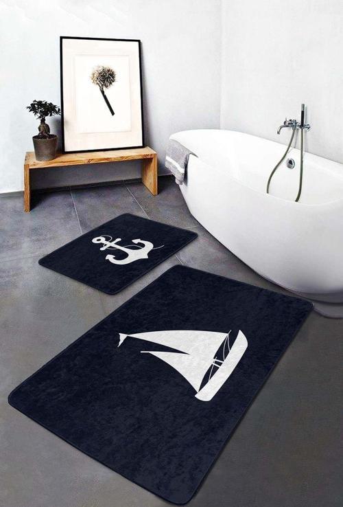 Yelkenli Ve Çapa Desenli Siyah-Beyaz 2'Li Kaymaz Taban Yıkanabilir Banyo Paspas Seti