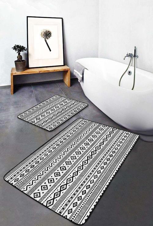 Siyah-Beyaz Çizgili Etnik Desenli Modern 2'Li Kaymaz Taban Yıkanabilir Banyo Paspas Seti