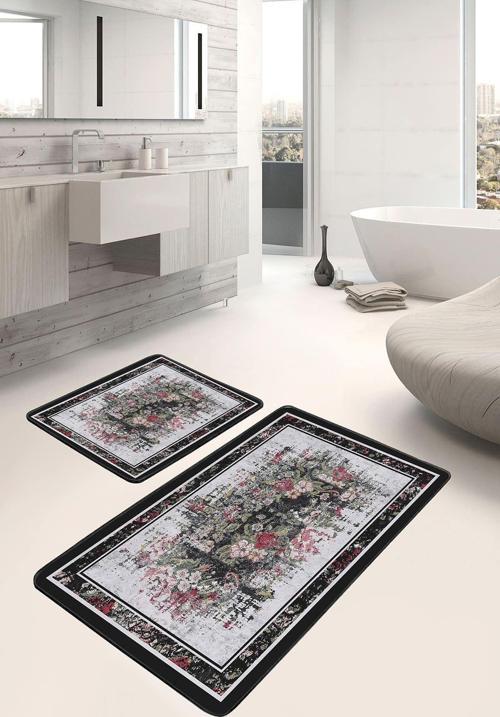 Çiçek Desenli Siyah-Gri Kanvas Vintage 2'Li Kaymaz Taban Yıkanabilir Banyo Paspas Takımı