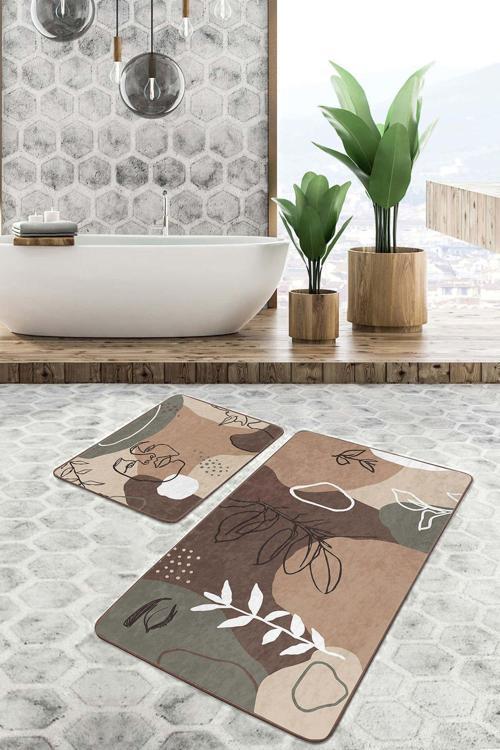 Toprak Tonlarında Soyut Minimalist Çizgili 2'Li Kaymaz Taban Yıkanabilir Banyo Paspas Seti