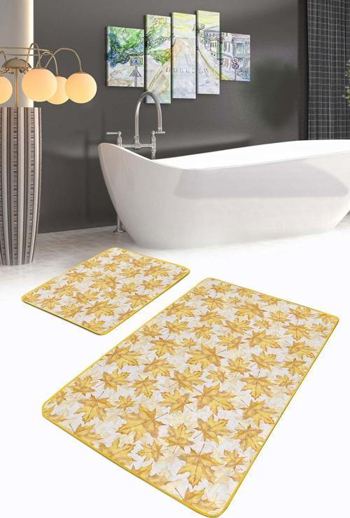 Sarı Beyaz Yaprak Desenli Kaymaz Taban Yıkanabilir 2'Li Banyo Paspas Seti