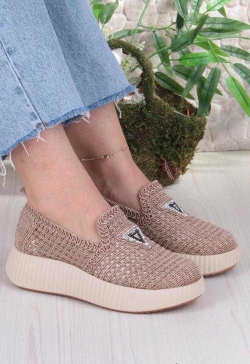 5016 Fendi Dantelli Fileli Rahat Dolgu Taban Kadın Ayakkabı