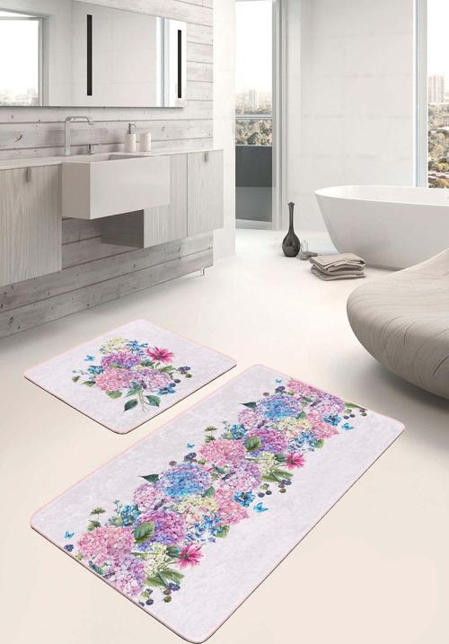 Mor Pembe Çiçek Desenli 2'Li Kaymaz Taban Yıkanabilir Banyo Paspas Seti