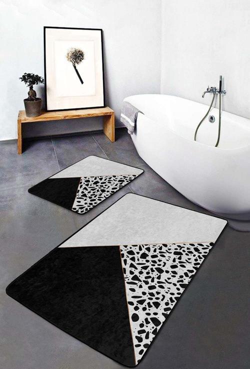 Geometrik Dalgalı Siyah Beyaz Desenli 2'Li Kaymaz Taban Yıkanabilir Banyo Paspas Seti