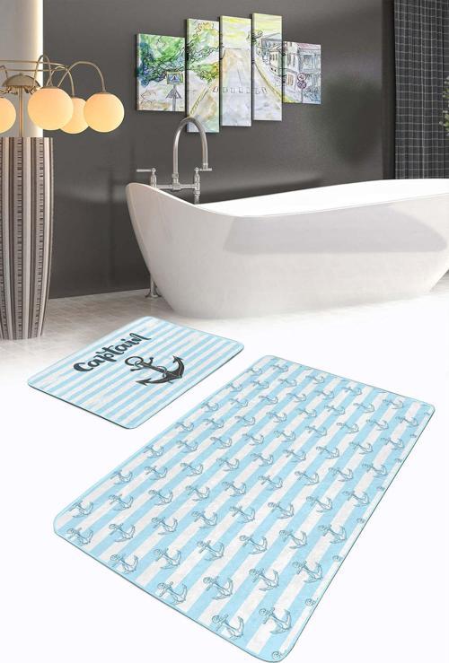 Çapa Desenli Mavi-Beyaz Çizgili 2'Li Kaymaz Taban Yıkanabilir Banyo Paspas Seti