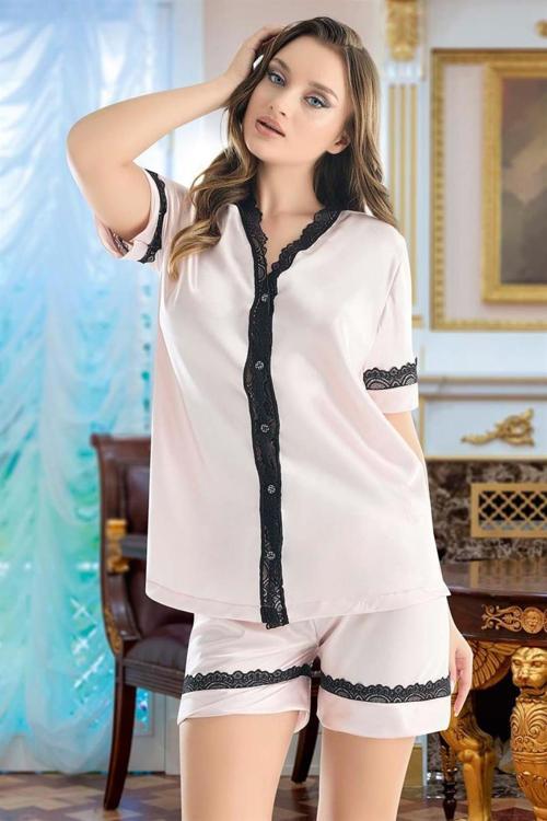 Kadın Saten Önden Düğmeli Şortlu Pijama Takım S-4016