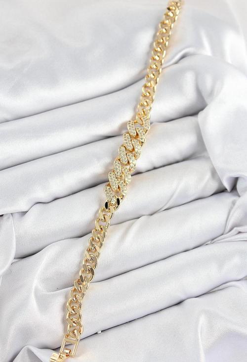 Zarif Kadın için Golden Pirinç Zirkonlu Küba Zincir Bileklik