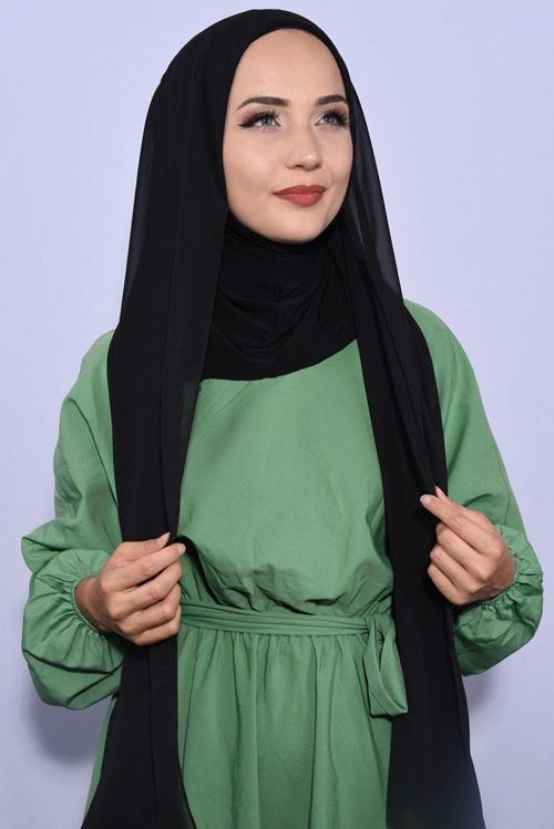 Boyunluklu Boneli Hazır Şifon Şal Siyah