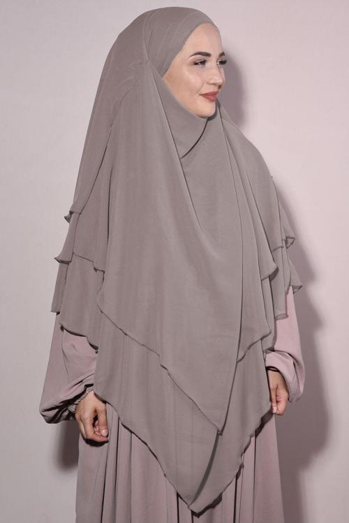 Sufle Khimar Tesettür Peçeli Şifon Şal Açık Vizon