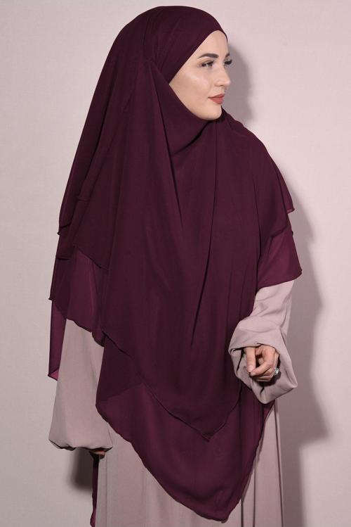 Peçeli Üç Katlı Şifon Sufle Khimar Bordo