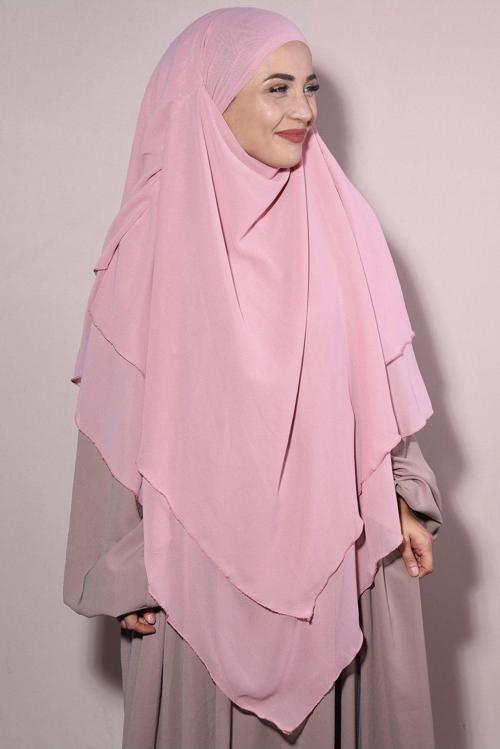 Tesettür Hazır Peçeli Üç Katlı Şifon Sufle Pudra Pembesi