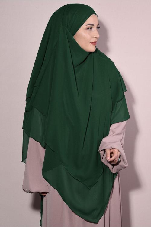 Sufle Khrimar Tesettür Peçeli Üç Katlı Şifon Şal Zümrüt Yeşili