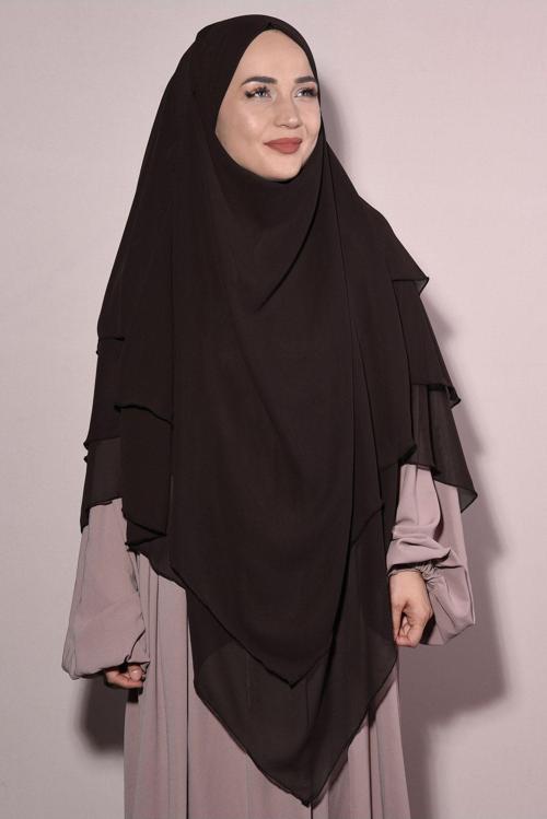 Sufle Khimar Tesettür Peçeli Üç Katlı Şifon Şal Kahverengi