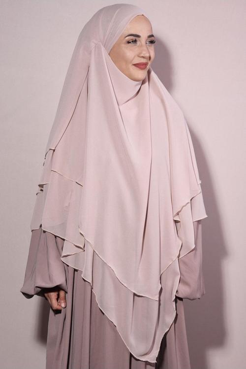 Sufle Khimar Tesettür Peçeli Üç Katlı Şifon Şal Somon