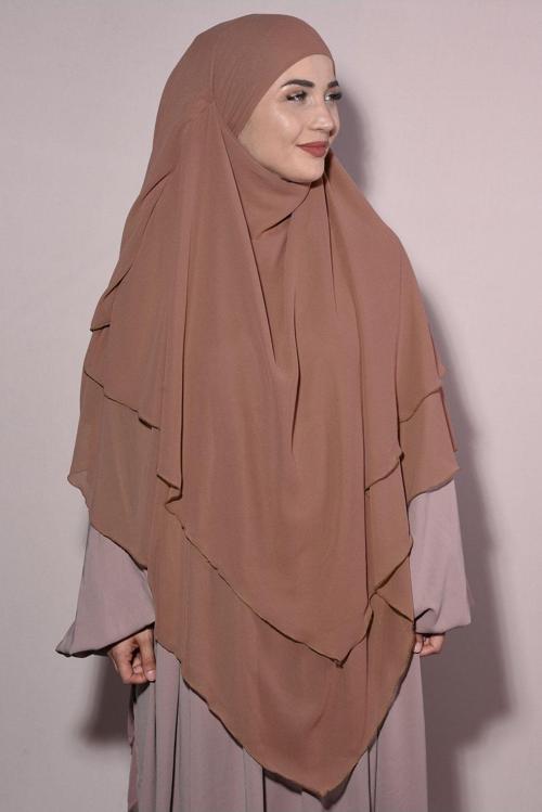 Sufle Khimar Tesettür Peçeli Üç Katlı Şifon Şal Taba
