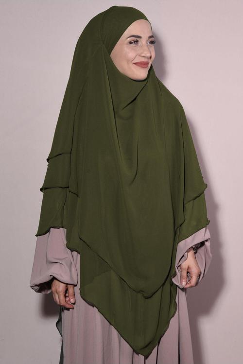 Sufle Khimar Tesettür Peçeli Şifon Şal Yağ Yeşili