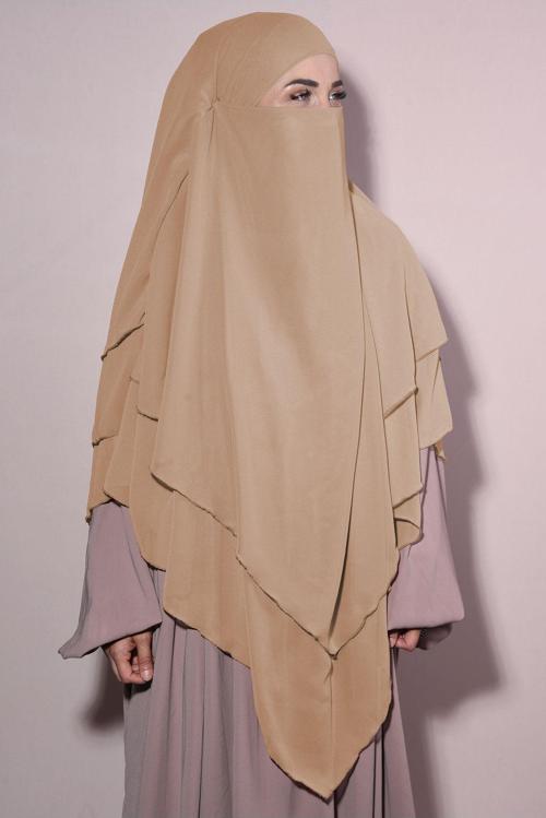Sufle Khimar Tesettür Peçeli Şifon Şal Karamel