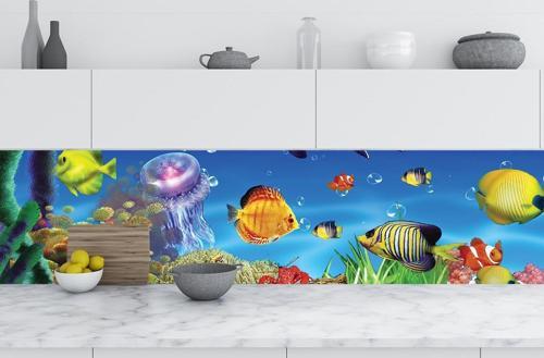 Mutfak Tezgah Arası Folyo Fayans Kaplama Folyosu Denizaltı Balıklar 60 x 100