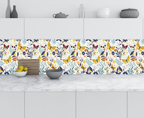 Mutfak Tezgah Arası Folyo Fayans Kaplama Folyosu Kelebek Çiçek 60x500 CM