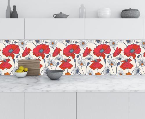 Mutfak Tezgah Arası Folyo Fayans Kaplama Folyosu Kırmızı Çiçek Çizim 60x300 CM