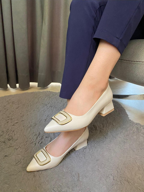 Kadın Pita Krem Deri Tokalı Stiletto Alcak Ökçe Abiye Ayakkabı