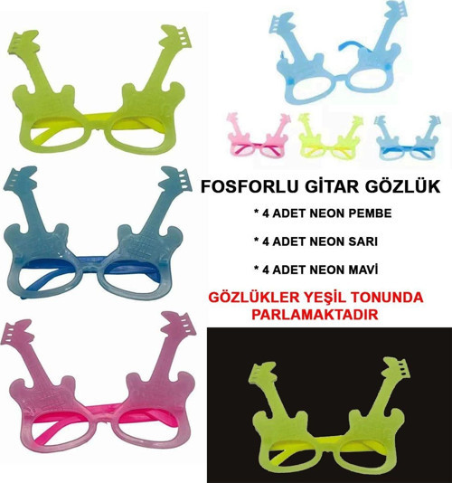 Renkli Fosforlu Gitar Model Glow Parti Gözlüğü 12'Li Set