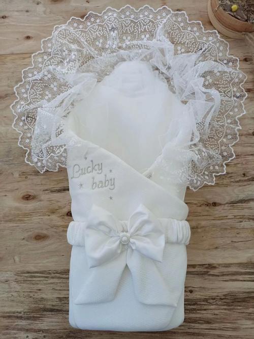 Yenidoğan Sahra Lucky Baby Nakışlı Kundak Bebek Battaniyesi Ekru
