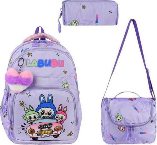 Labubu İlkokul Çantası 3'lü Set 42*30 Cm Beslenme Çantası Kalem Kutusu Ortopedik Su İtici Kumaş