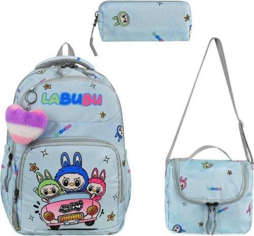 Labubu İlkokul Çantası 3'lü Set 42*30 Cm Beslenme Çantası Kalem Kutusu Ortopedik Su İtici Kumaş