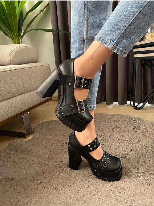 Kadın İzabel Sıyah Deri İki Tokalı Kapsul Detaylı 12 Cm Platform Topuklu Ayakkabı