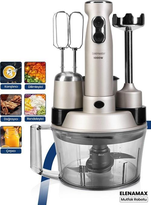 Elenamax Silver 1000 Watt Hız Ayarlı %100 Bakır Motor 5 In 1 Mutfak Robotu Multi Blender Seti