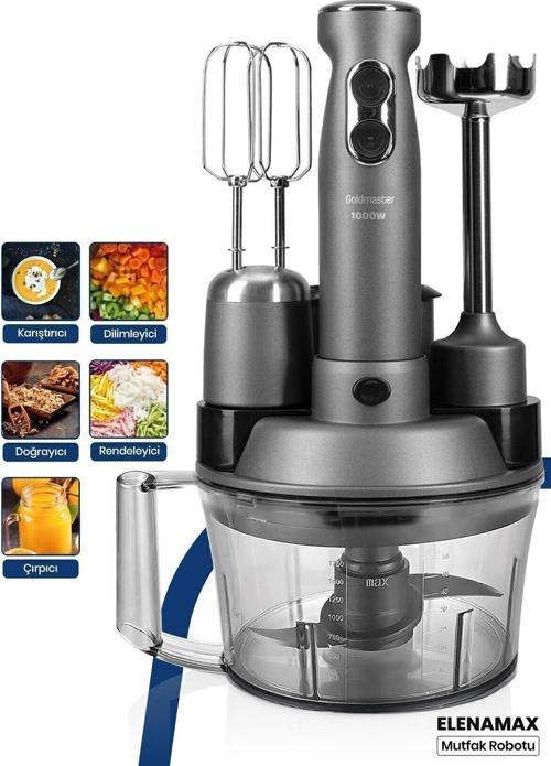 Elenamax Antrasit 1000 Watt Hız Ayarlı %100 Bakır Motor 5 In 1 Mutfak Robotu Multi Blender Seti