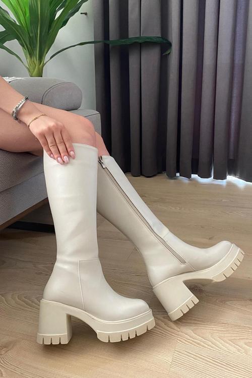 Kadın Oslo Krem Cilt 8 Cm Topuklu Yandan Fermuarlı Çizme
