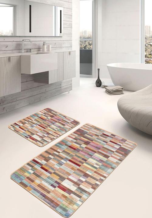 Renkli Kareli Mozaik Desenli 2'Li Kaymaz Taban Yıkanabilir Banyo Paspas Seti