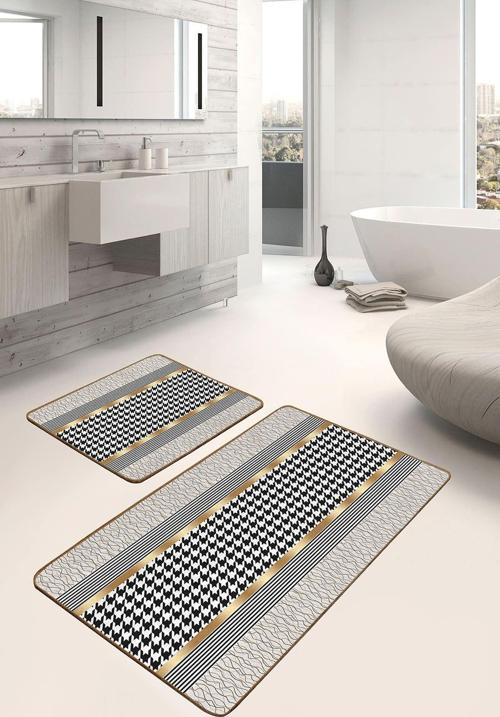 Kazayağı Desenli Siyah Beyaz Ve Altın Detaylı 2'Li Kaymaz Taban Yıkanabilir Banyo Paspas Seti