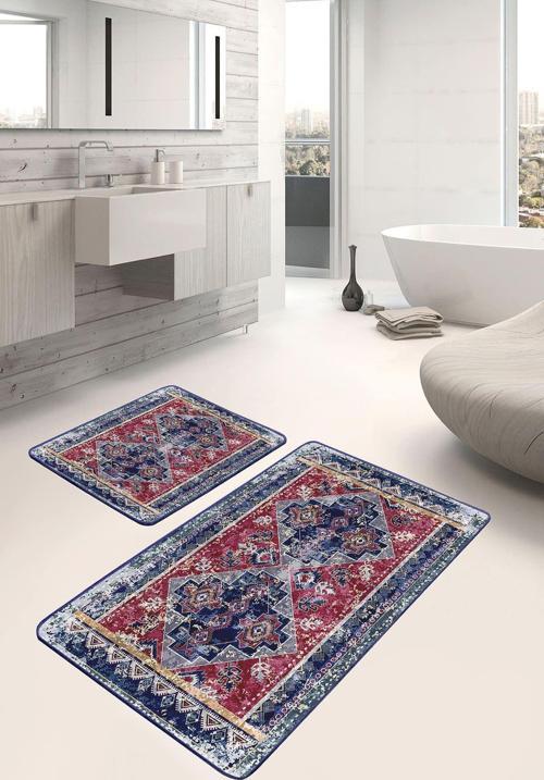 Kırmızı Lacivert Geometrik Etnik Desenli 2'Li Kaymaz Taban Yıkanabilir Banyo Paspas Takımı