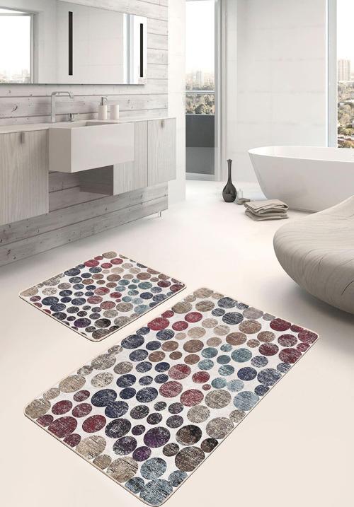 Yuvarlak Noktalı Bej-Bordo Desenli 2'Li Kaymaz Taban Yıkanabilir Banyo Paspas Seti