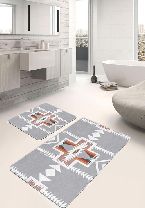 Gri Zeminde Etnik Geometrik Desenli Turuncu Beyaz 2'Li Kaymaz Taban Yıkanabilir Banyo Paspas Takımı