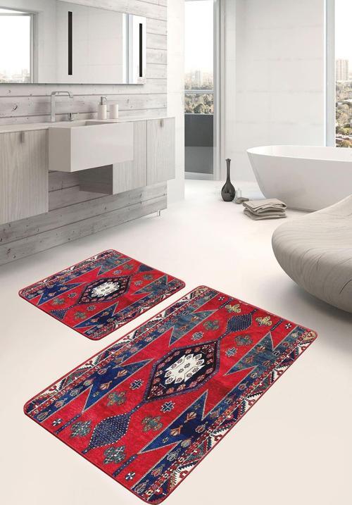 Kırmızı Lacivert Etnik Motifli 2'Li Kaymaz Taban Yıkanabilir Banyo Paspas Seti
