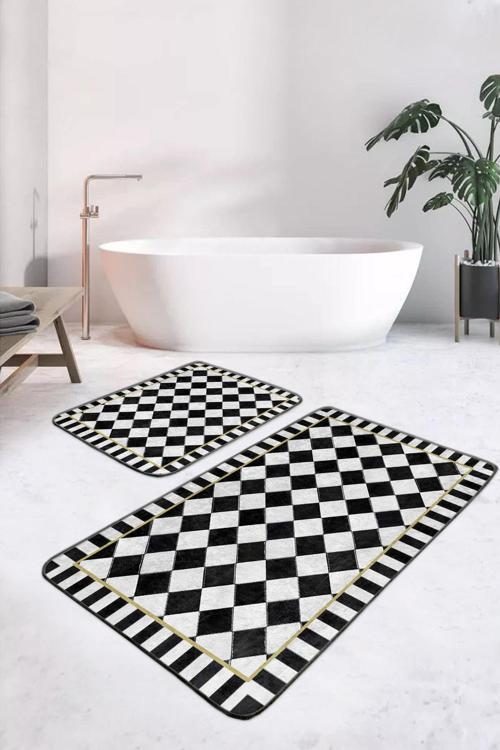 Siyah Beyaz Damalı Ve Çizgili Altın Detaylı Kaymaz Taban 2'Li Yıkanabilir Banyo Paspas Seti
