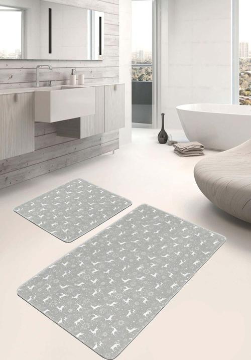Gri Zeminde Beyaz Geyik Ve Kar Tanesi Desenli 2'Li Kaymaz Taban Yıkanabilir Banyo Paspas Takımı
