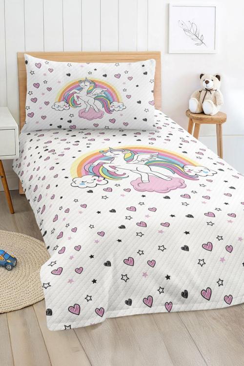 Unicorn Ve Yıldız Desenli Tek Kişilik Çocuk Ve Genç Odası Pike Takımı Yatak Örtüsü
