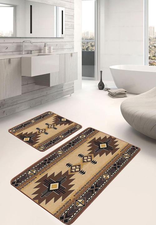 Etnik Desenli Kahverengi Bej 2'Li Kaymaz Taban Yıkanabilir Banyo Paspas Seti