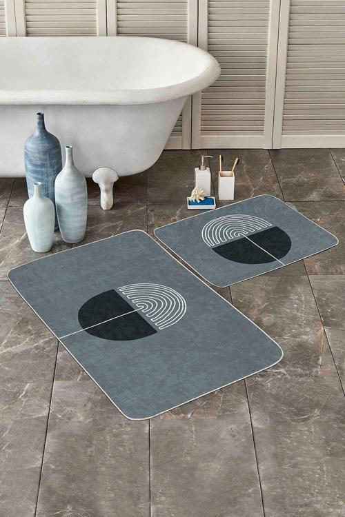 Geometrik Yarım Daire Desenli Gri Siyah 2'Li Kaymaz Taban Yıkanabilir Banyo Paspas Seti