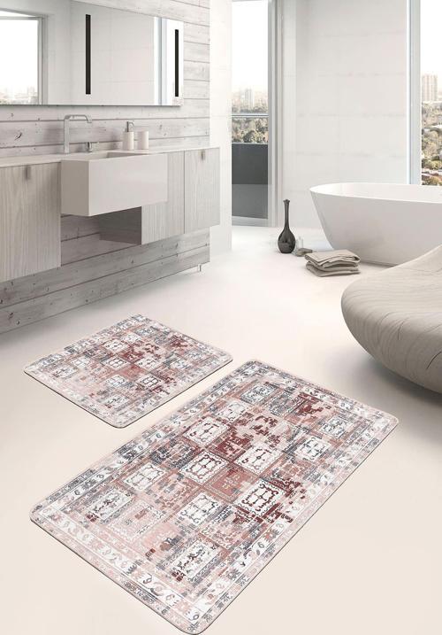 Patchwork Klasik Desenli Bordo Beyaz 2'Li Kaymaz Taban Yıkanabilir Banyo Paspas Takımı