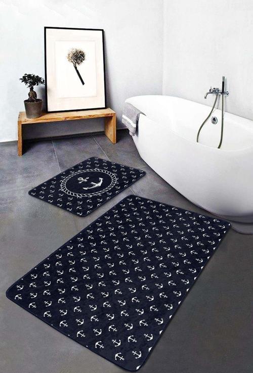 Çapa Desenli Lacivert Beyaz 2'Li Kaymaz Taban Yıkanabilir Banyo Paspas Takımı