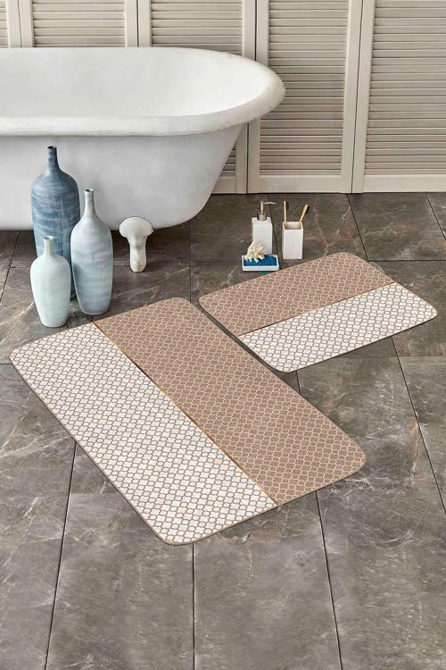 Bej Beyaz Geometrik Desenli 2'Li Kaymaz Taban Yıkanabilir Banyo Paspas Seti