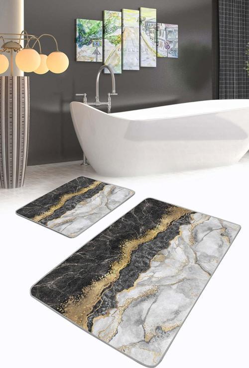 Mermer Dokulu Siyah-Gri Altın Detaylı 2'Li Kaymaz Taban Yıkanabilir Banyo Paspas Takımı
