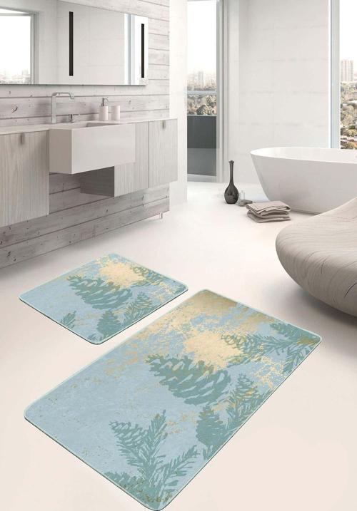 Mavi Zeminde Yeşil Çam Ve Sarı Detaylı 2'Li Kaymaz Taban Yıkanabilir Banyo Paspas Seti