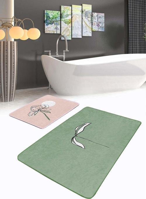 Yaprak Minimalist Çizim Desenli Yeşil-Pembe 2'Li Kaymaz Taban Yıkanabilir Banyo Paspas Seti